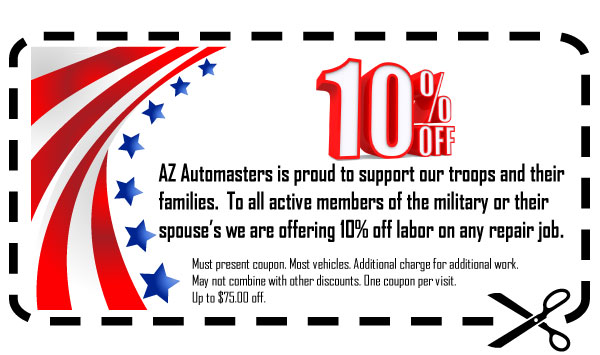Click to Print - Az Automasters is proud to support our troops and their families.  To all active members of the military or their spouse's we are offering 10% off labor on any repair job. 